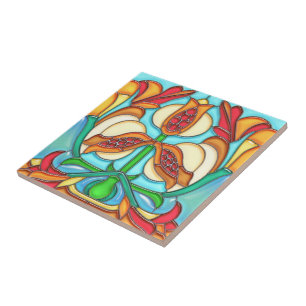 Art Nouveau Pomegranates Stained Glass Ceramic Tile