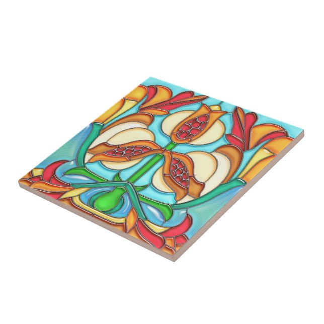 Art Nouveau Pomegranates Stained Glass Ceramic Tile (Side)