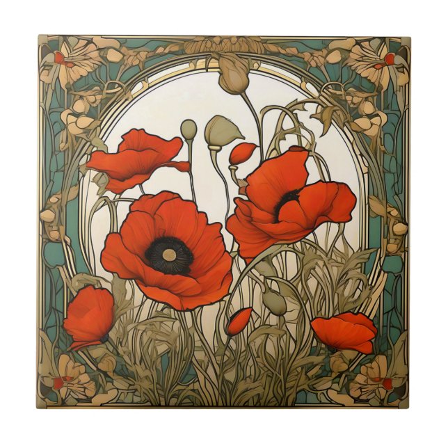 Art Nouveau Poppies Flowers Ceramic Tile (Front)