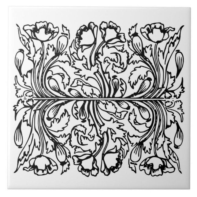 Art nouveau poppy floral black white elegant  ceramic tile (Front)