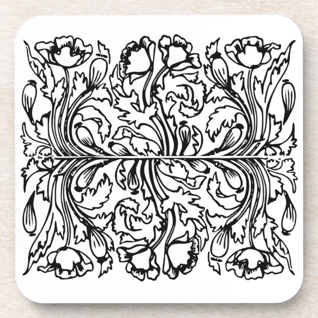 Art nouveau poppy floral black white elegant  coaster (Front)