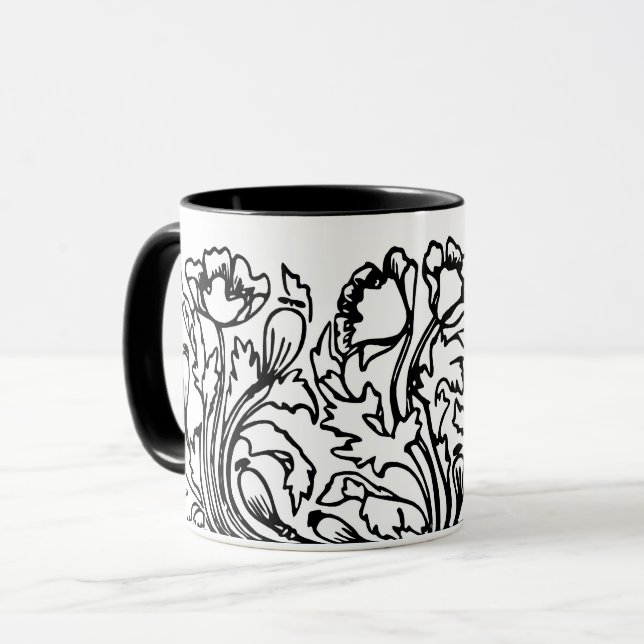 Art nouveau poppy floral black white elegant  mug (Front Left)