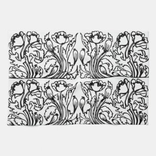 Art nouveau poppy floral black white elegant  tea towel
