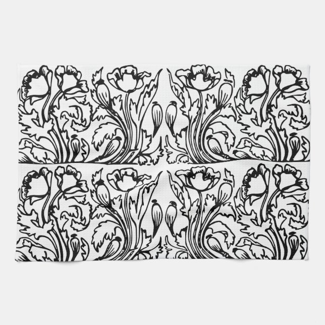 Art nouveau poppy floral black white elegant  tea towel (Horizontal)
