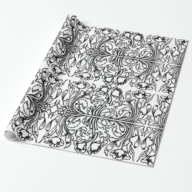 Art nouveau poppy floral black white elegant  wrapping paper (Unrolled)