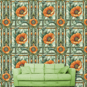 Art Nouveau Poppy Flowers Orange Green Floral  Wallpaper
