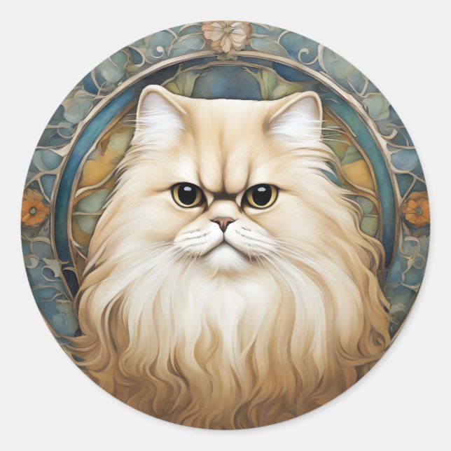 Art Nouveau Portrait of a Persian Cat Classic Round Sticker (Front)