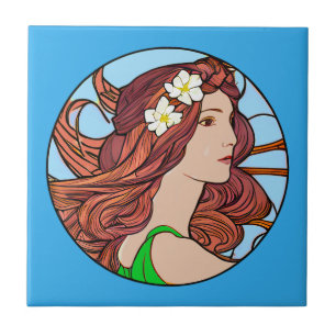 Art Nouveau Portrait of a Woman on Blue Ceramic Tile
