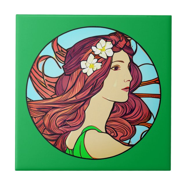 Art Nouveau Portrait of a Woman on Emerald Green  Ceramic Tile (Front)