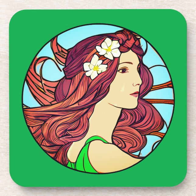 Art Nouveau Portrait of a Woman on Emerald Green  Coaster (Front)