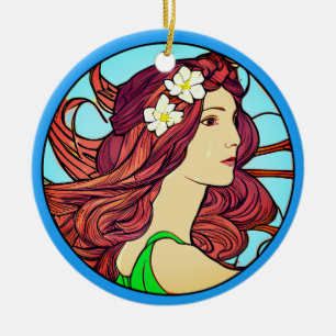 Art Nouveau Portrait of a Woman with Red Hair Ceramic Ornament