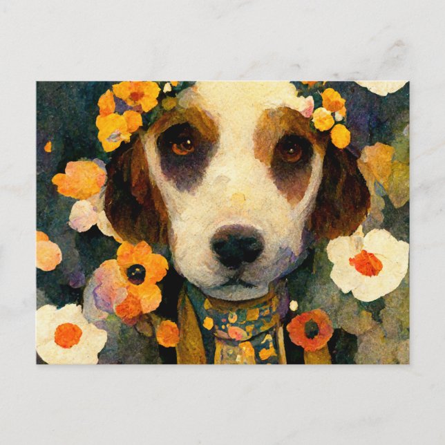 Art Nouveau portrait of Beagle dog with flowers Postcard (Front)