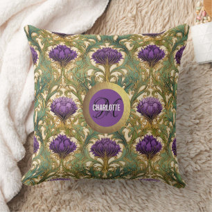 Art Nouveau purple gold thistle monogram name Cushion