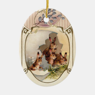 Art Nouveau Rabbits in Giant Easter Egg Ceramic Ornament