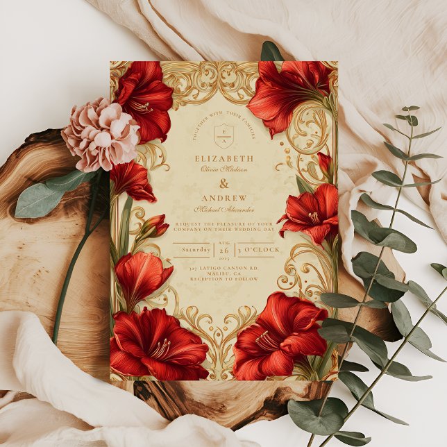 Art Nouveau Red Amaryllis Wedding Invitation (Creator Uploaded)