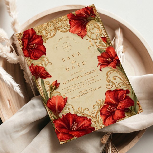 Art Nouveau Red Amaryllis Wedding Save The Date (Creator Uploaded)