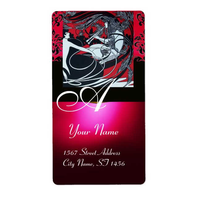 ART NOUVEAU RED BLACK GOLD DAMASK MONOGRAM ,ruby (Front)