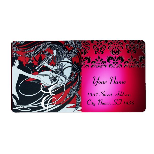 ART NOUVEAU RED BLACK GOLD DAMASK MONOGRAM ,ruby (Front)