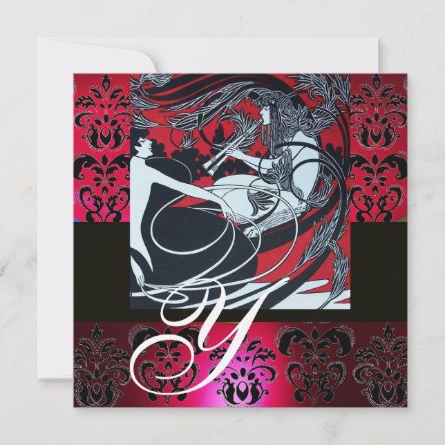 ART NOUVEAU RED BLACK GOLD DAMASK MONOGRAM ,ruby Invitation (Front)
