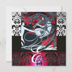 ART NOUVEAU RED BLACK GREY SILVER DAMASK MONOGRAM INVITATION