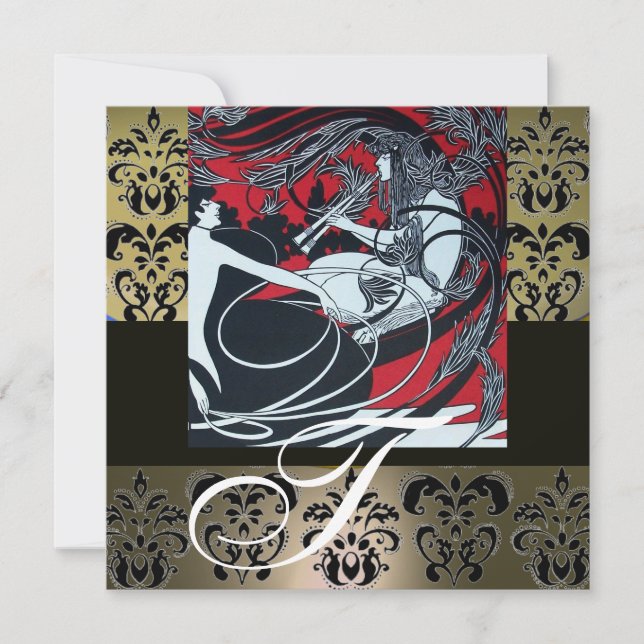 ART NOUVEAU RED BLACK GREY WHITE DAMASK MONOGRAM INVITATION (Front)