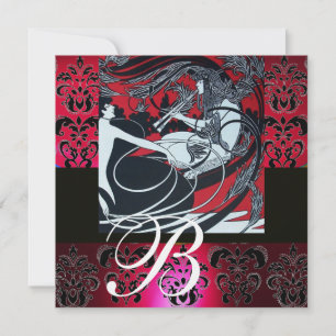 ART NOUVEAU RED BLACK WHITE DAMASK MONOGRAM ,ruby Invitation
