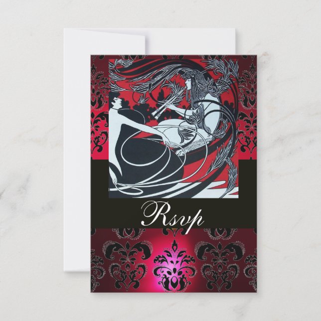 ART NOUVEAU RED BLACK WHITE DAMASK RSVP ,ruby Card (Front)