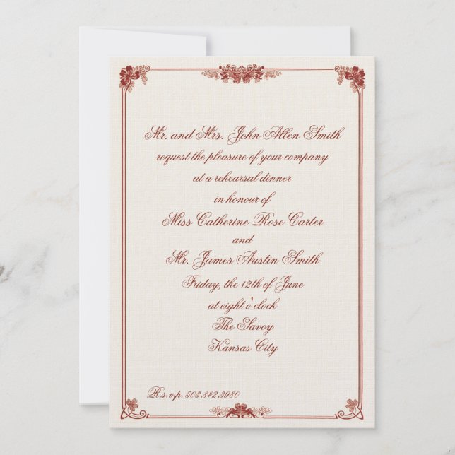 Art Nouveau Red Bordered Rehearsal Dinner Invitation (Front)
