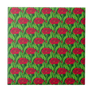 Art Nouveau red Carnations floral damask Tile