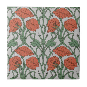 Art Nouveau Red Poppy Floral Print Ceramic Tile