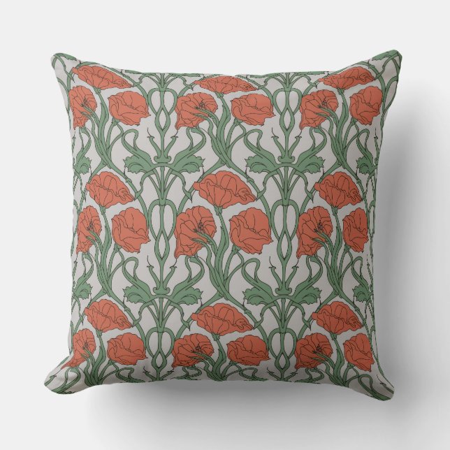 Art Nouveau Red Poppy Floral Print Cushion (Front)