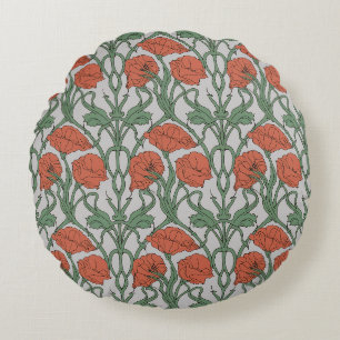 Art Nouveau Red Poppy Floral Print Round Cushion