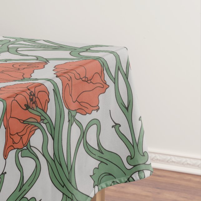 Art Nouveau Red Poppy Floral Print Tablecloth (In Situ)