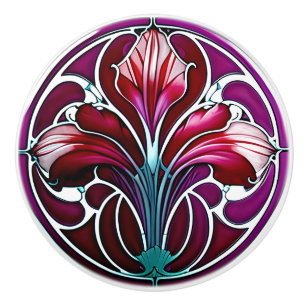Art Nouveau Red Purple Stylised Lily 2 Ceramic Knob
