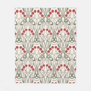 Art Nouveau Red Roses and Sinuous Stems Fleece Blanket