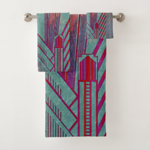 Art nouveau, red, teal, green,vintage,art deco,ele bath towel set