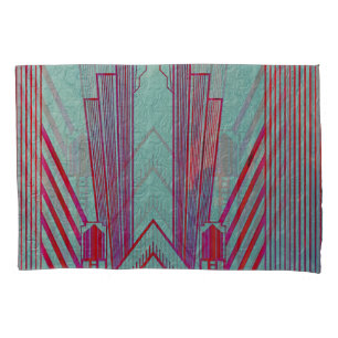 Art nouveau, red, teal, green,vintage,art deco,ele pillowcase