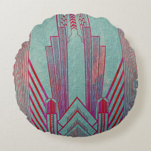 Art nouveau, red, teal, green,vintage,art deco,ele round cushion
