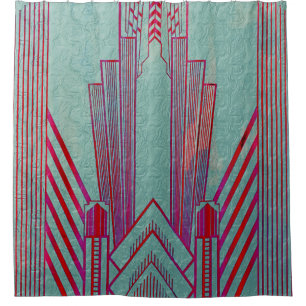 Art nouveau, red, teal, green,vintage,art deco,ele shower curtain
