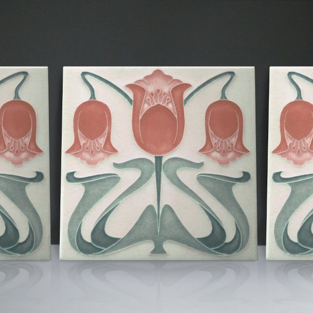 Art Nouveau Red Tulips Home Wall Decor Ceramic Tile (Creator Uploaded)