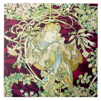 Art Nouveau Repro Beautiful Woman with Daisy Ceramic Tile