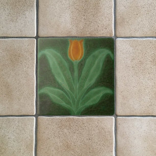 Art Nouveau Reproduction Orange Tulip on Green Ceramic Tile
