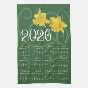 Art Nouveau Retro Floral Daffodil 2026 Calendar Tea Towel