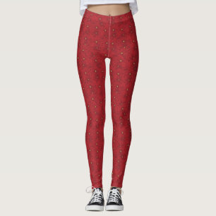 Art Nouveau Retro Red Floral Christmas Poinsettia Leggings