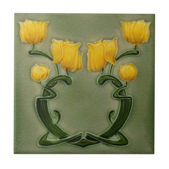 Art Nouveau Richards Yellow Tulips on Green Repro Ceramic Tile (Front)