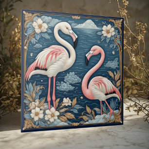 Art Nouveau Romantic Flamingo Couple Floral Motifs Ceramic Tile