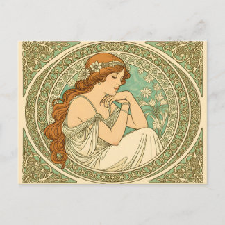 Art nouveau romantic illustration white flowers postcard