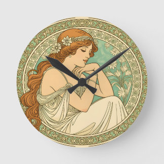 Art nouveau romantic illustration white flowers round clock