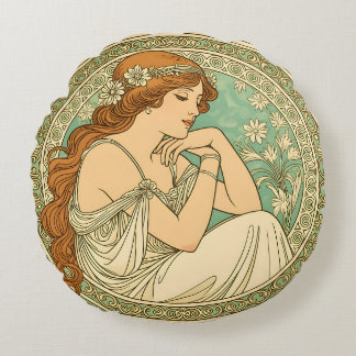 Art nouveau romantic illustration white flowers round cushion
