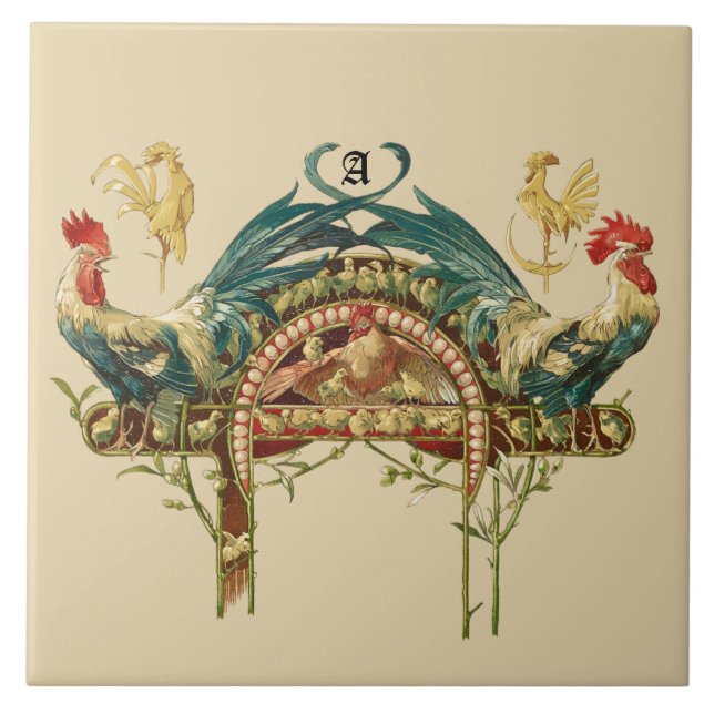 Art Nouveau Roosters & Chickens Ceramic Tile (Front)